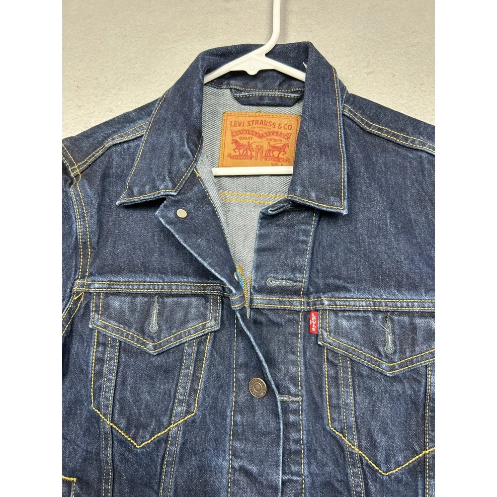 Levi Strauss Denim Trucker Jacket Buck Yeah Embroidery Blue Size Small Mens